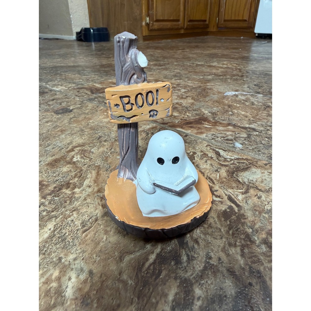 Halloween Ghost Reading Book Figurine Boo Signpost Tabletop Decor